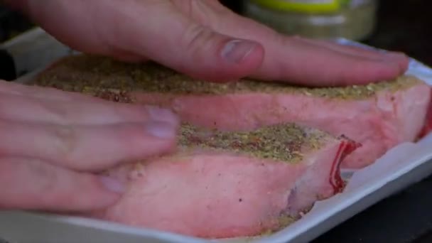 Two Hands Rub Spices Salt Thick Raw Rib Eye Steak — Vídeo de Stock
