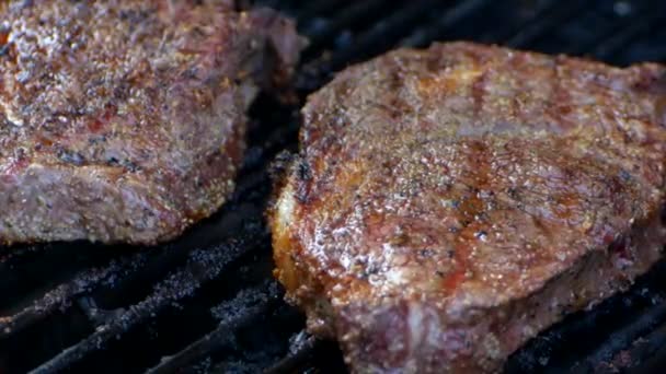 Juicy Rib Eye Steak Grill Blood Drips Slow Motion — Video