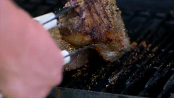 Two Thick Juicy Rib Eye Steaks Covered Grills Lid Closed — Stock Video