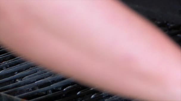 Two Hands Put Thick Raw Rib Eye Steak Grill Starting — Vídeo de stock