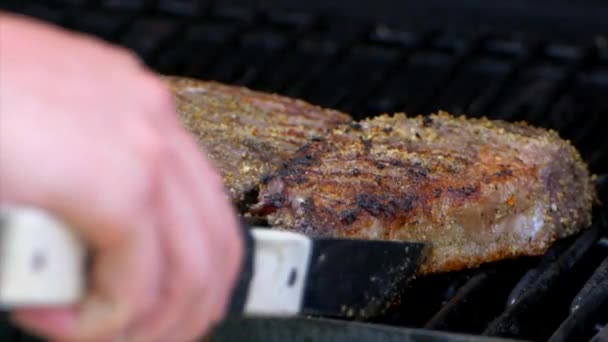 Pair Meat Tongs Turn Nearly Cooked Juicy Rib Eye Steak — Vídeo de Stock