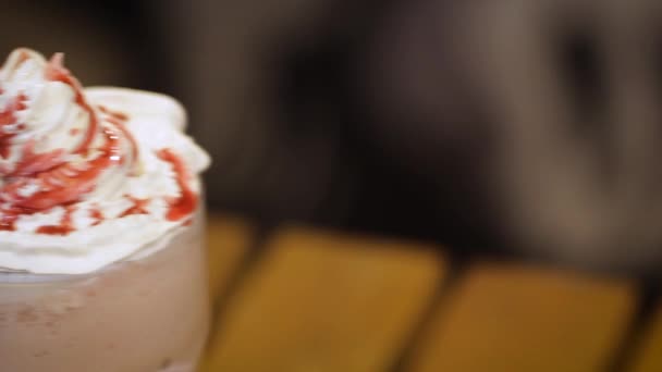 Glass Strawberry Milkshake Whipped Cream Topping Macro Close Slider Movement — 图库视频影像