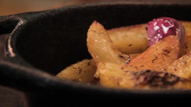 Appetizing Homemade Oily Rustic Fries Garlig Seasoning Served Small Black — Stock Video