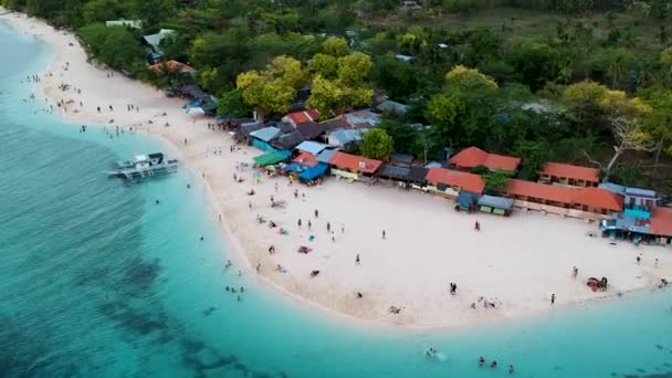 Aerial Follow Busy Filipino Beach White Beach Moalboal Cebu Philippines — Stock videók