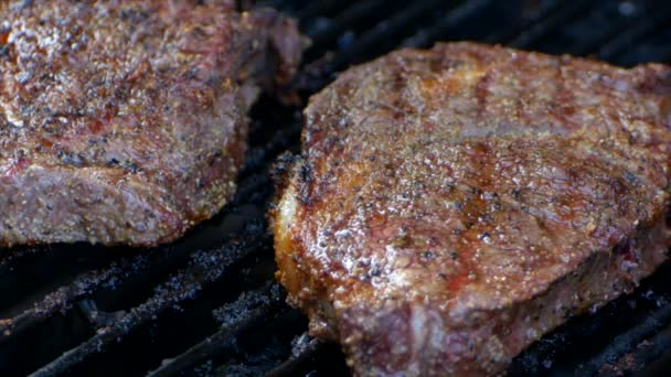 Two Rib Eye Steaks Sitting Grill Cooking Slow Motion — Vídeo de stock