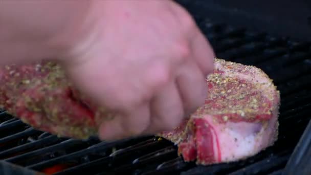 Two Hands Put Thick Raw Rib Eye Steak Grill Starting — Vídeo de Stock
