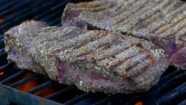 Two Juicy Rib Eye Steaks Cooking Grill Fire Flames Shoot — Video Stock