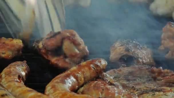 Assorted Delicious Grilled Meat Top View Sausages Chicken Pork — Stock video