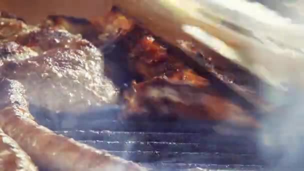 Assorted Delicious Grilled Meat Top View Sausages Chicken Pork — Video