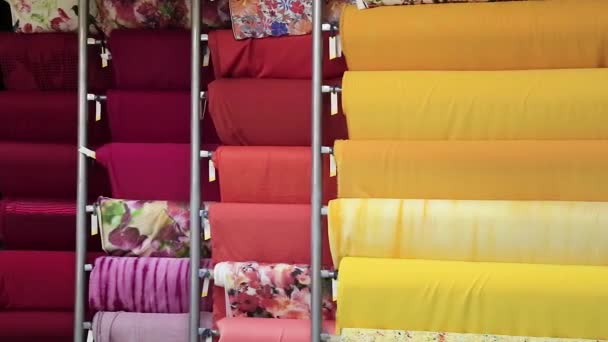 Close Colorful Big Rolls Fabric Samples Vertically Organized Interior Shot — Αρχείο Βίντεο
