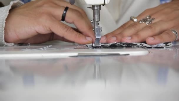 Close Black Dressmaker Hands Sewing Fabric Sewing Machine Macro Interior — Stockvideo