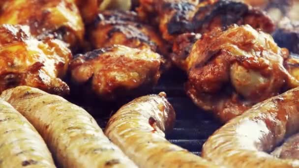 Assorted Delicious Grilled Meat Top View Sausages Chicken Pork — Stock video