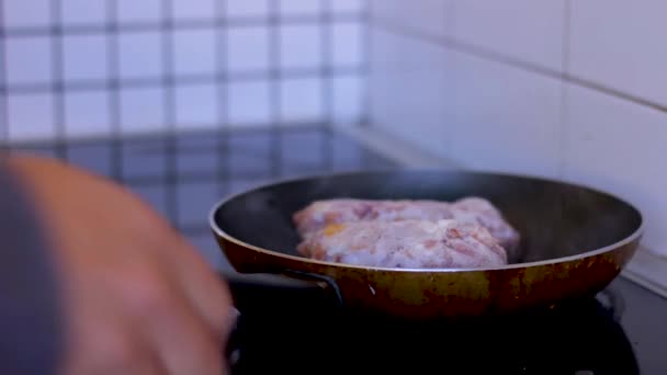 Man Busy Cooking Bacon Frying Pan Breakfast — Video Stock