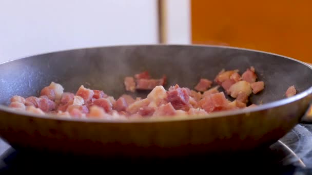 Bacon Cooked Stirred Frying Pan — Vídeo de Stock