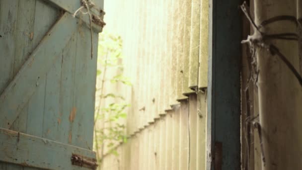 Old Wooden Blue Door Slowly Closing — Vídeo de stock