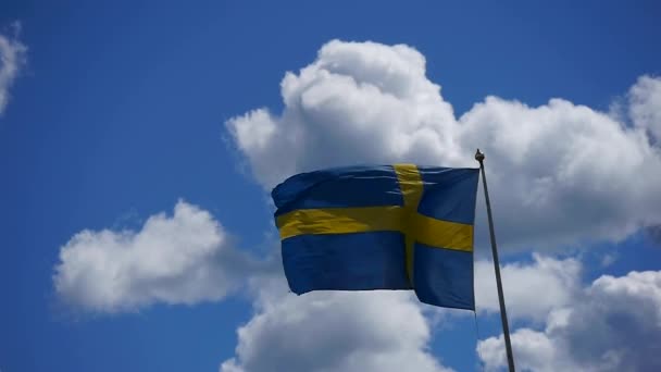 Swedish Flag Waves Intensely Windy Summer Day — Vídeos de Stock