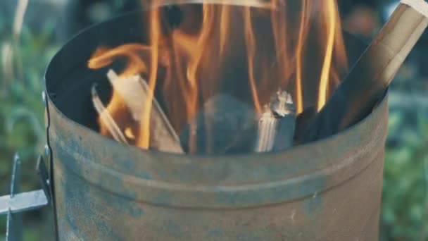 Burning Fire Detail Close Preparing Grill Party — Vídeo de Stock