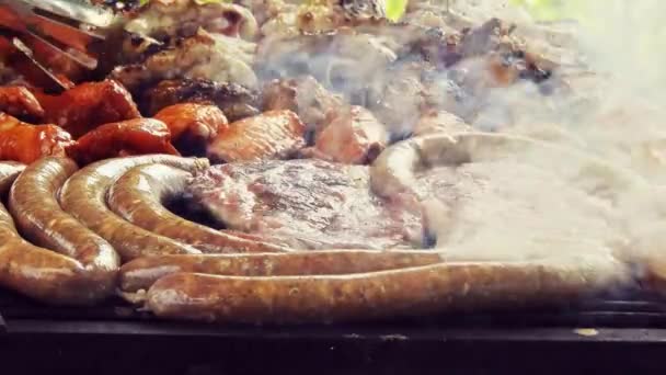 Grilled Sausage Flaming Grill Bearbeque Outdoors Other Meat Pork Chicken — ストック動画