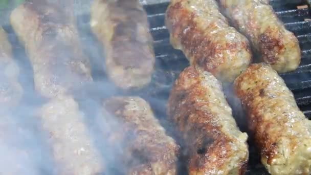 Traditional Food Meat Balls Mici Grill Delicious Food Cooked Mici — Vídeos de Stock