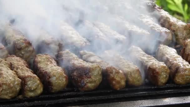 Traditional Food Meat Balls Mici Grill Delicious Food Cooked Mici — ストック動画