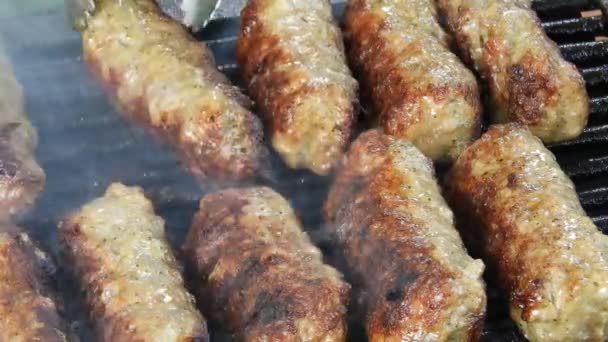 Traditional Food Meat Balls Mici Grill Delicious Food Cooked Mici — Vídeos de Stock