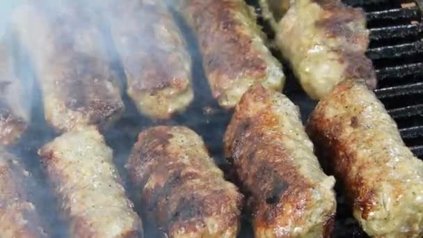 Traditional Food Meat Balls Mici Grill Delicious Food Cooked Mici — Vídeos de Stock