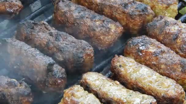 Traditional Food Meat Balls Mici Grill Delicious Food Cooked Mici — Vídeo de Stock