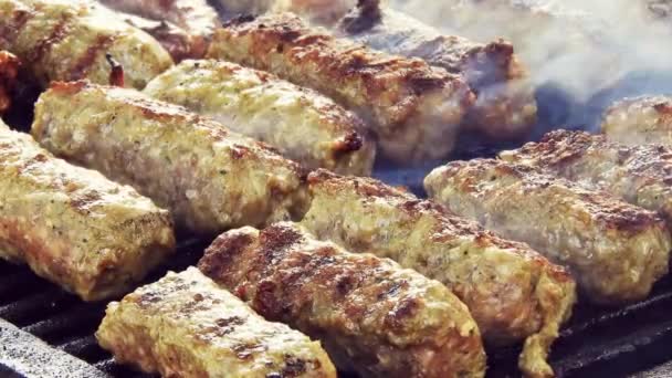 Traditional Food Meat Balls Mici Grill Delicious Food Cooked Mici — Stock Video