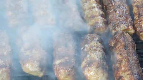 Traditional Food Meat Balls Mici Grill Delicious Food Cooked Mici — Vídeos de Stock