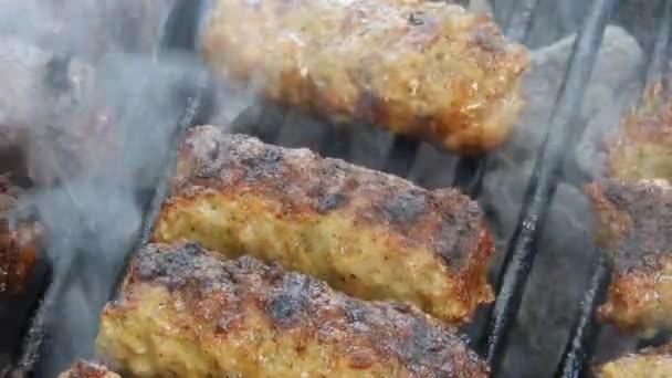 Traditional Food Meat Balls Mici Grill Delicious Food Cooked Mici — Stock Video