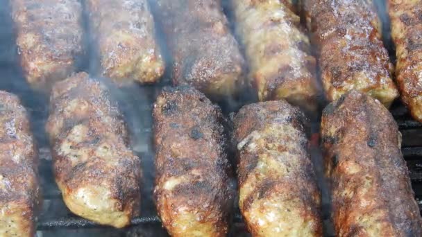 Traditional Food Meat Balls Mici Grill Delicious Food Cooked Mici — Vídeos de Stock