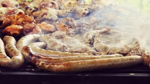 Saucisse Grillée Sur Gril Flamboyant Bearbeque Extérieur Avec Autres Viandes — Video