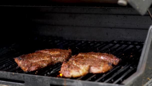 Two Raw Rib Eye Steaks Cooking Grill Lid Being Closed — Video