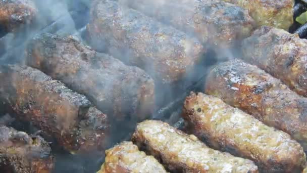 Traditional Food Meat Balls Mici Grill Delicious Food Cooked Mici — Stockvideo