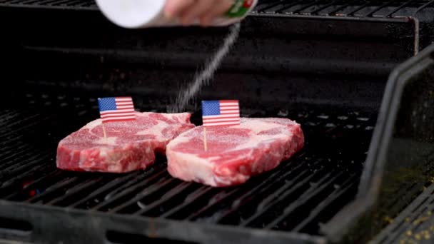 Two Juicy Rib Eye Steaks Sitting Grill Cooking Two Tiny — Stok video