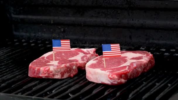 Two Juicy Rib Eye Steaks Sitting Grill Cooking Two Tiny — Vídeo de stock