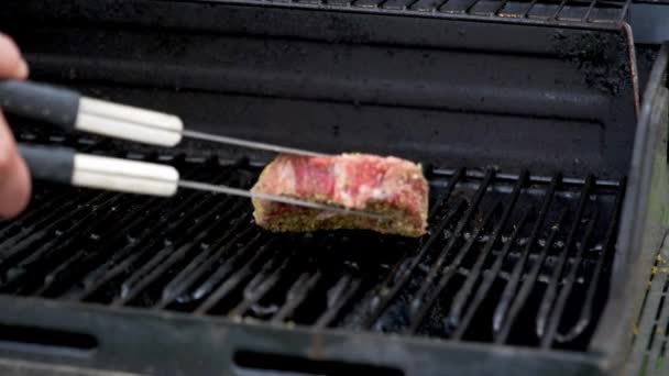 Two Raw Rib Eye Steaks Get Set Grill Getting Ready — стоковое видео