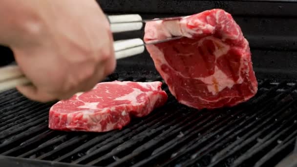 Raw Rib Eye Steak Placed Grill Next Another One — Stockvideo