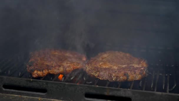 Two Raw Rib Eye Steaks Cooking Grill — Video Stock