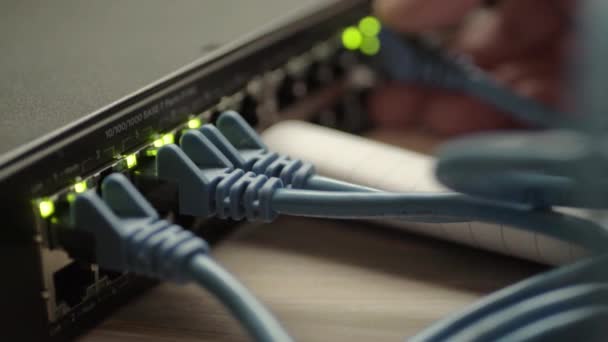 Network Engineer Working Ethernet Cable Switch — 图库视频影像
