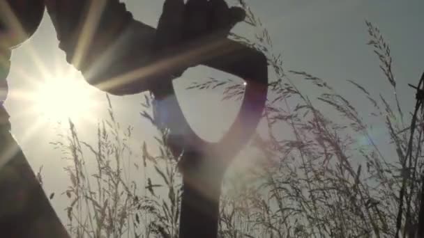 Farmer Digging Hay Field Fork Sunshine — Stok video