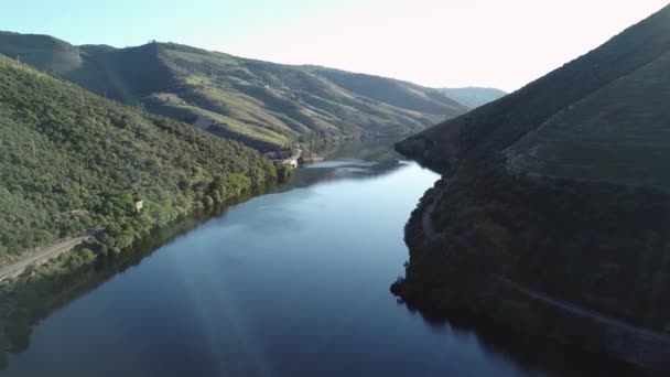 Gorgeous Aerial Reveal Douro River Viewed Soft Lens Flare Morning — Video Stock