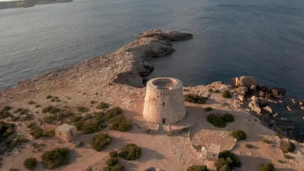 Flying Away Pirate Tower Ibiza Aerial View Lookout Tower — Stockvideo