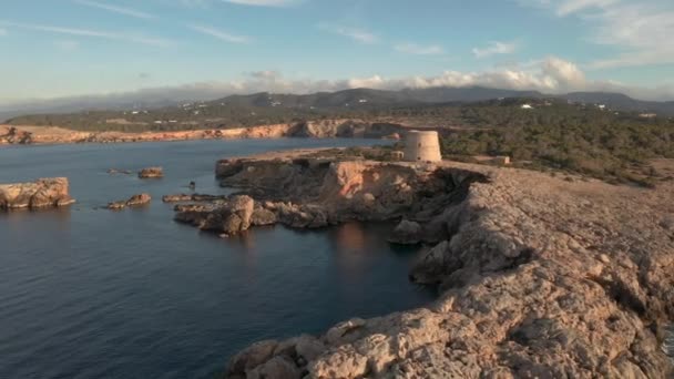 Dramatic View Pirate Tower Ibiza Panning Lookout Tower Showing Landscape — Stok video