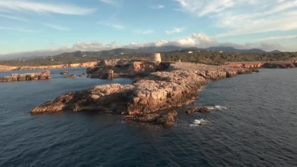 Aerial View Pirate Lookout Tower Ibiza Sunset Showing Ocean Cliffs — Stockvideo