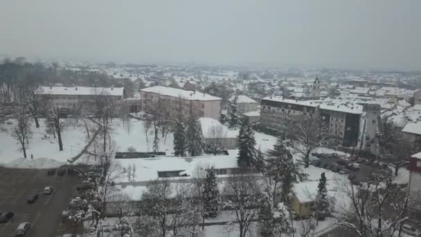 Aerial View Small Town Covered Snow — Vídeos de Stock