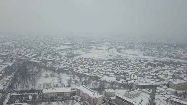 Aerial View Small Town Covered Snow — Vídeos de Stock