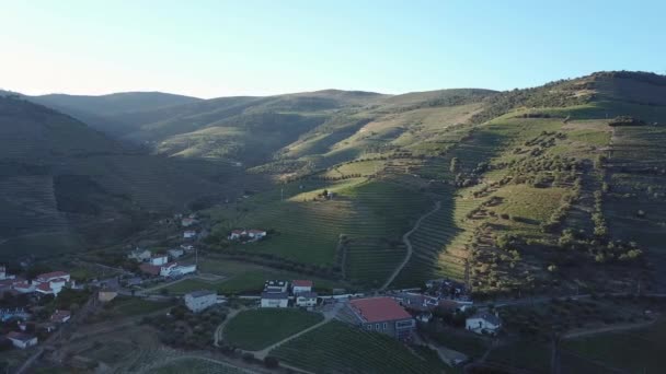 Gorgeous Aerial Pan Douro Valley Soft Morning Light Overlooking Small — Wideo stockowe