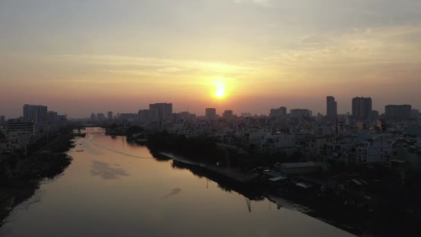 Sunset Drone Shot Looking Canal Chi Minh City Saigon Vietnaam — Video