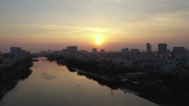 Sunset Drone Shot Looking Canal Chi Minh City Saigon Vietnaam — Stok video
